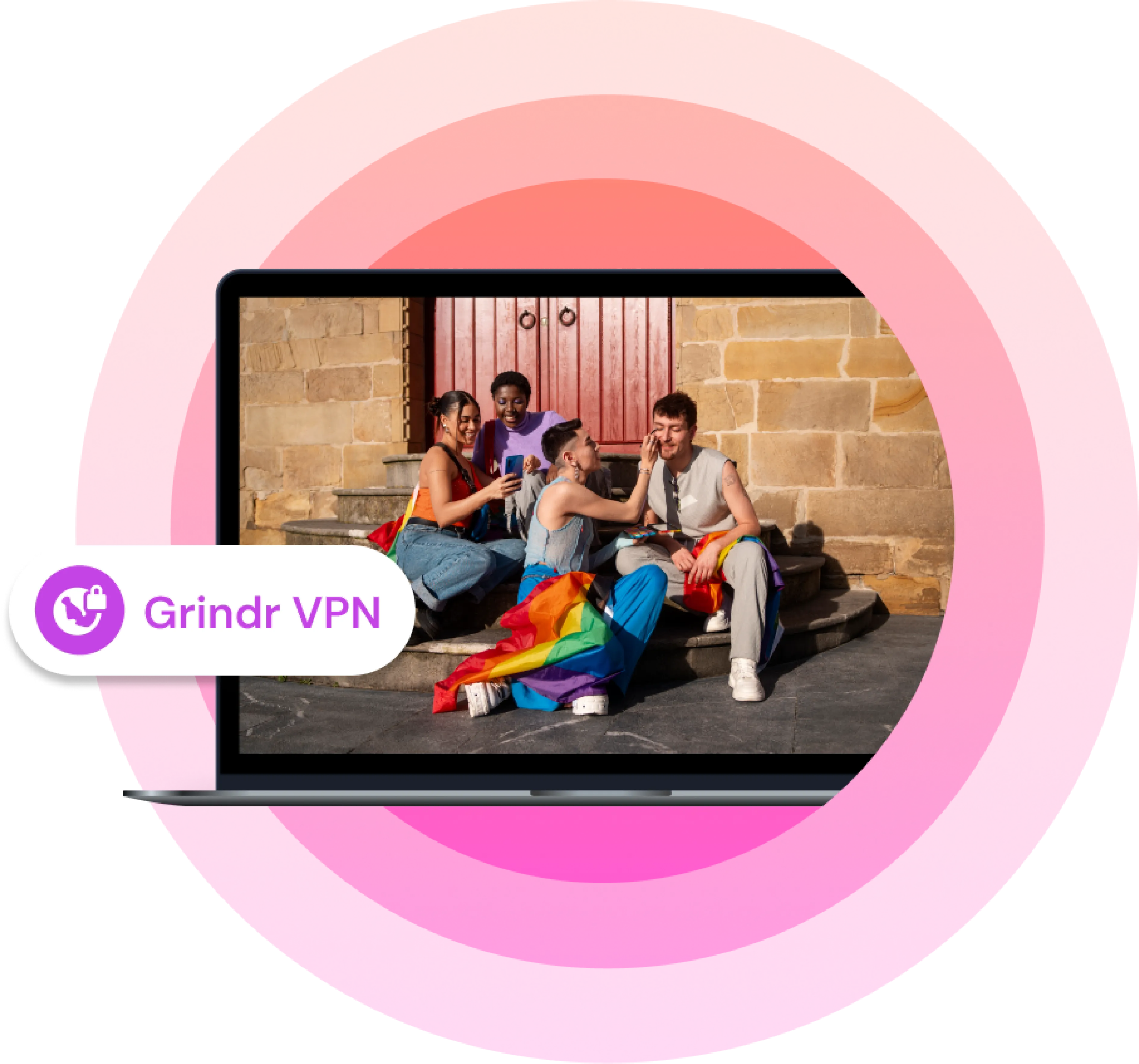 Group of LGBTQ friends sitting together with pride flags displayed on a laptop screen labeled ‘Grindr VPN.